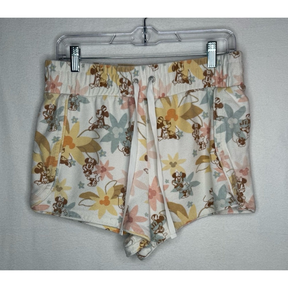 Disney Parks Minnie Mouse Floral Terry Shorts Cream Women's Large Hawaiian EUC